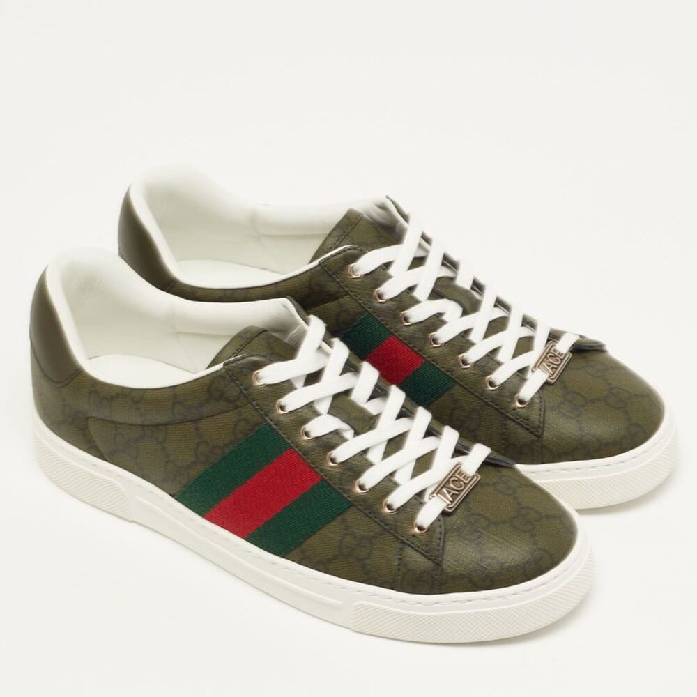 Gucci Ace Gg Supreme Size 40 Dark Green Coated Canvas And Leather Web Low Top - Picture 4 of 7